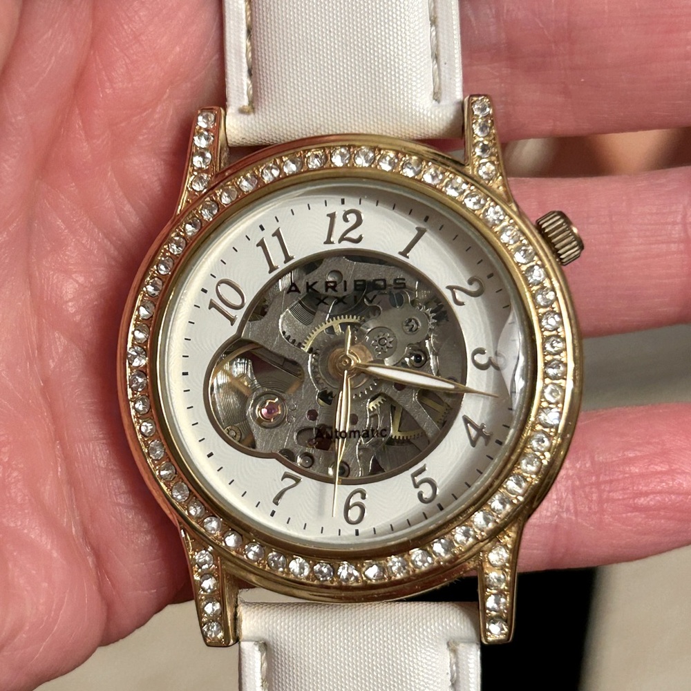 Akribos Automatic Women’s Watch White & Gold Tone Leather Band